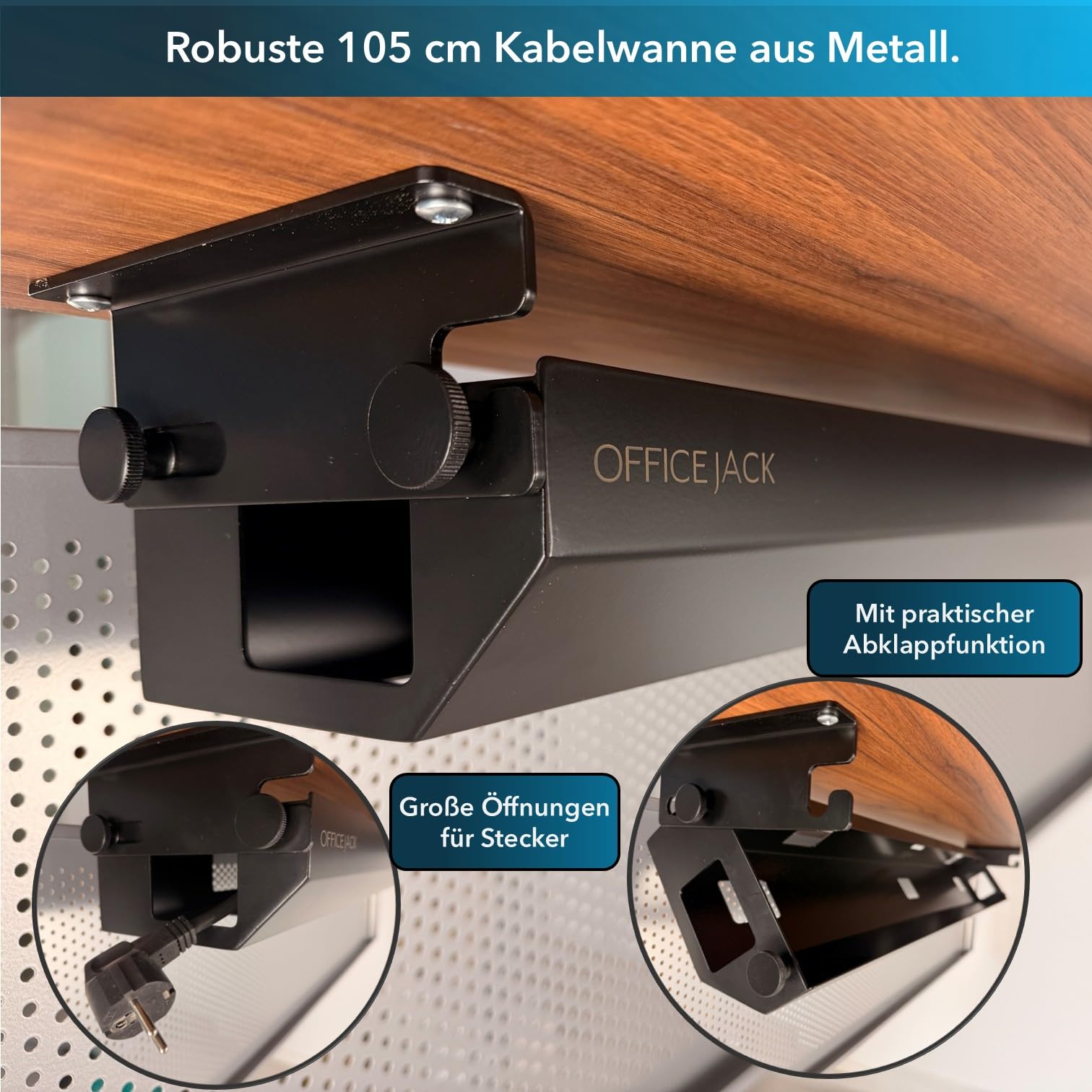 Kabelwanne abklappbar Kabelkanal Kabelmanagement am Schreibtisch gegen den Kabelsalat - Schwarz Metall 105 cm
