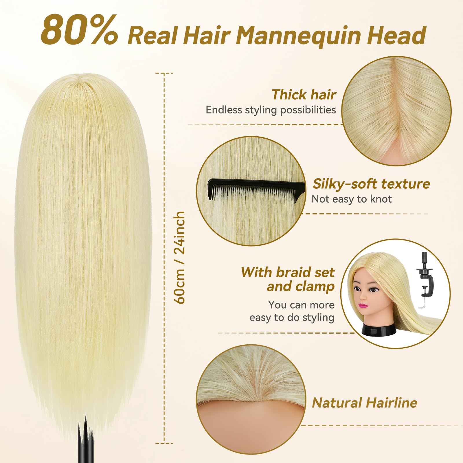 Friseurkopf, 61 cm, 80 % menschliches Training, Echthaar, Puppenkopf für Haarstyling mit Tischklemme, Übungs-Styling-Kopf, Puppe mit Haarstyling-Set für Friseursalons