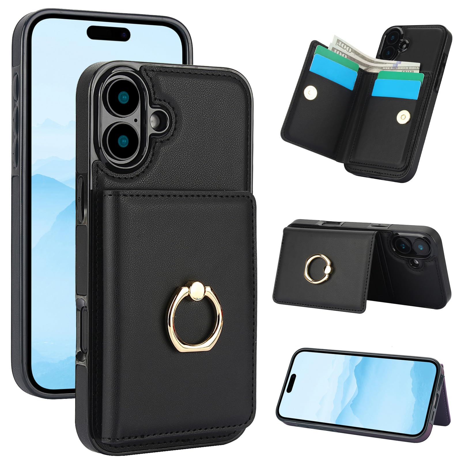 Noaivoky iPhone 16 に適合する ケース 手帳型 アイフォン16 用の 手帳型ケース 背面カード収納 アイホン16 向けの スマホケース スタンド機能 いphone16 用の 手帳型ケース リング付き あいほん16 向けの 携帯ケース 財布型 レザー シンプル おしゃれ アイホン16ケース 耐衝撃 あいほん16ケース手帳型 RFIDブロック機能 - ブラック