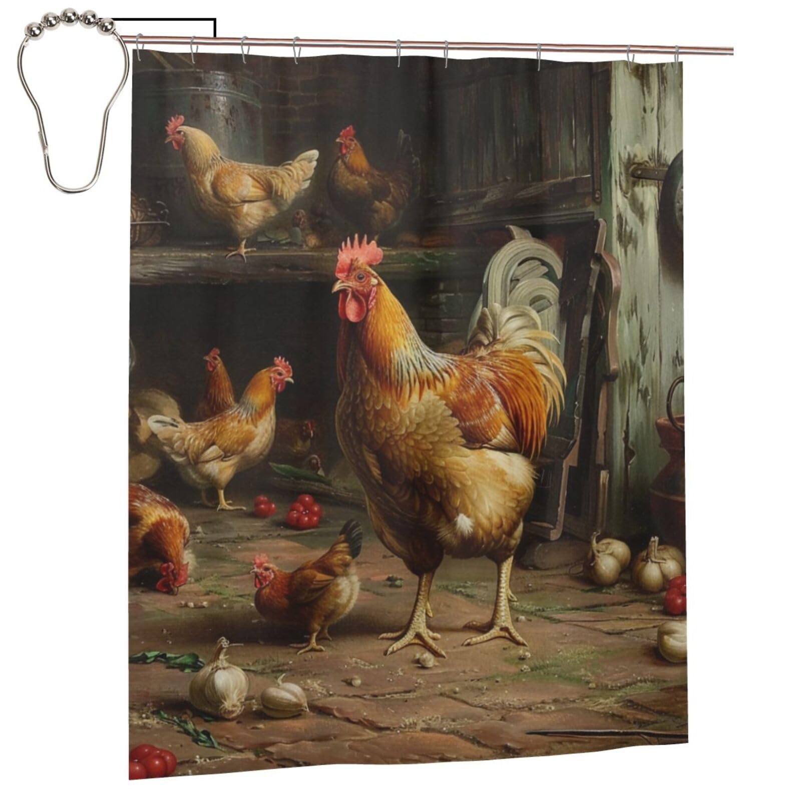 BWWHCCTI Roast Chicken Hen Farm Printed Shower Curtain With 12 Iron Hooks Opaque Quick Drying Waterproof Shower Curtains Sets For Bathroom 152x183 Cm