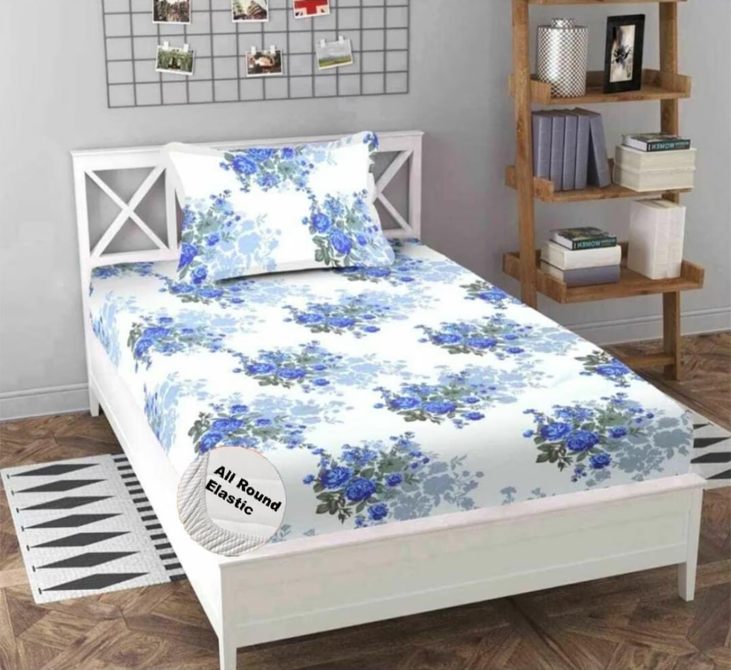 PRtrend Soft Glace Cotton Elastic Fitted Single Bed Bedsheet with 1 Large Pillow Cover (Single Bed 36 x72 inches) (White Flower) (B0CS4KFHKH) Amazon Price History, Amazon Price Tracker