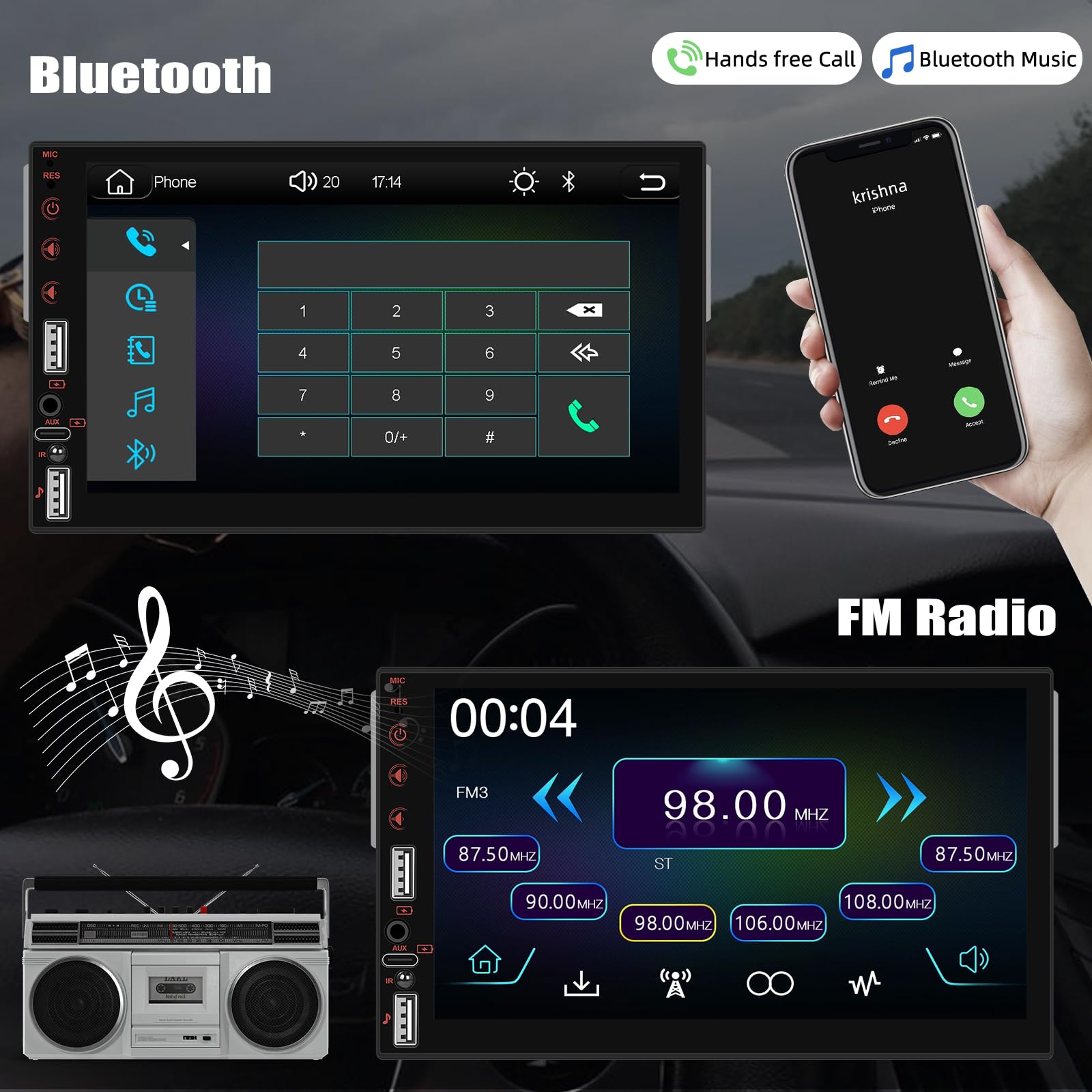[WIRELSS] CAMECHO 7-calowy bezprzewodowy odtwarzacz samochodowy 1 DIN z dotykowym ekranem LCD obsługa CarPlay i Android Auto Bluetooth FM EQ USB/TF AUX-in + SWC