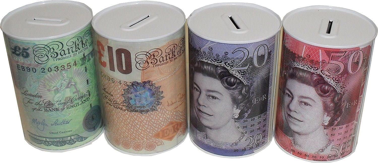 2 ur door Sterling Money Box Tin - Piggy Bank, Coin Tin, Cash Tin, Tinplate, Savings Tin to Save Birthday Money, Holiday and Christmas Fund - Pack of 4 Asorted Colours (15 x 10 x 10 cm)