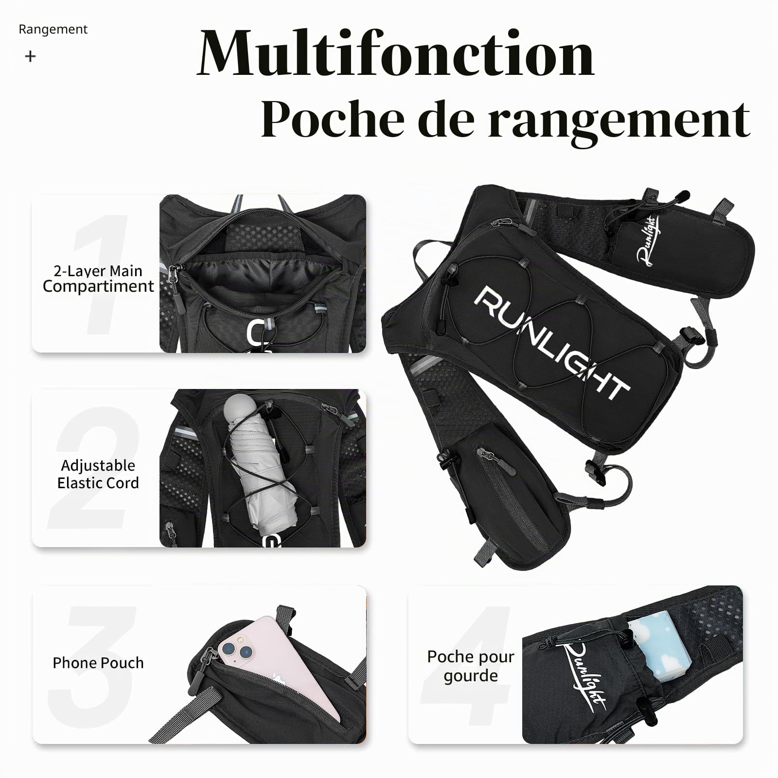 Runlight Gilet de course pour homme et femme, sangles de poitrine réglables, gilet d'hydratation avec bouteille d'eau de 1500 ml