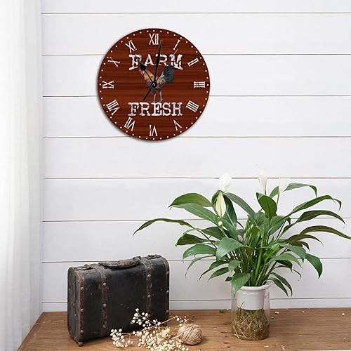 Miniatura 4 de Reloj de pared redondo de madera de estilo rústico retro gallo de animales de granja reloj de números romanos de madera silencioso sin tictac