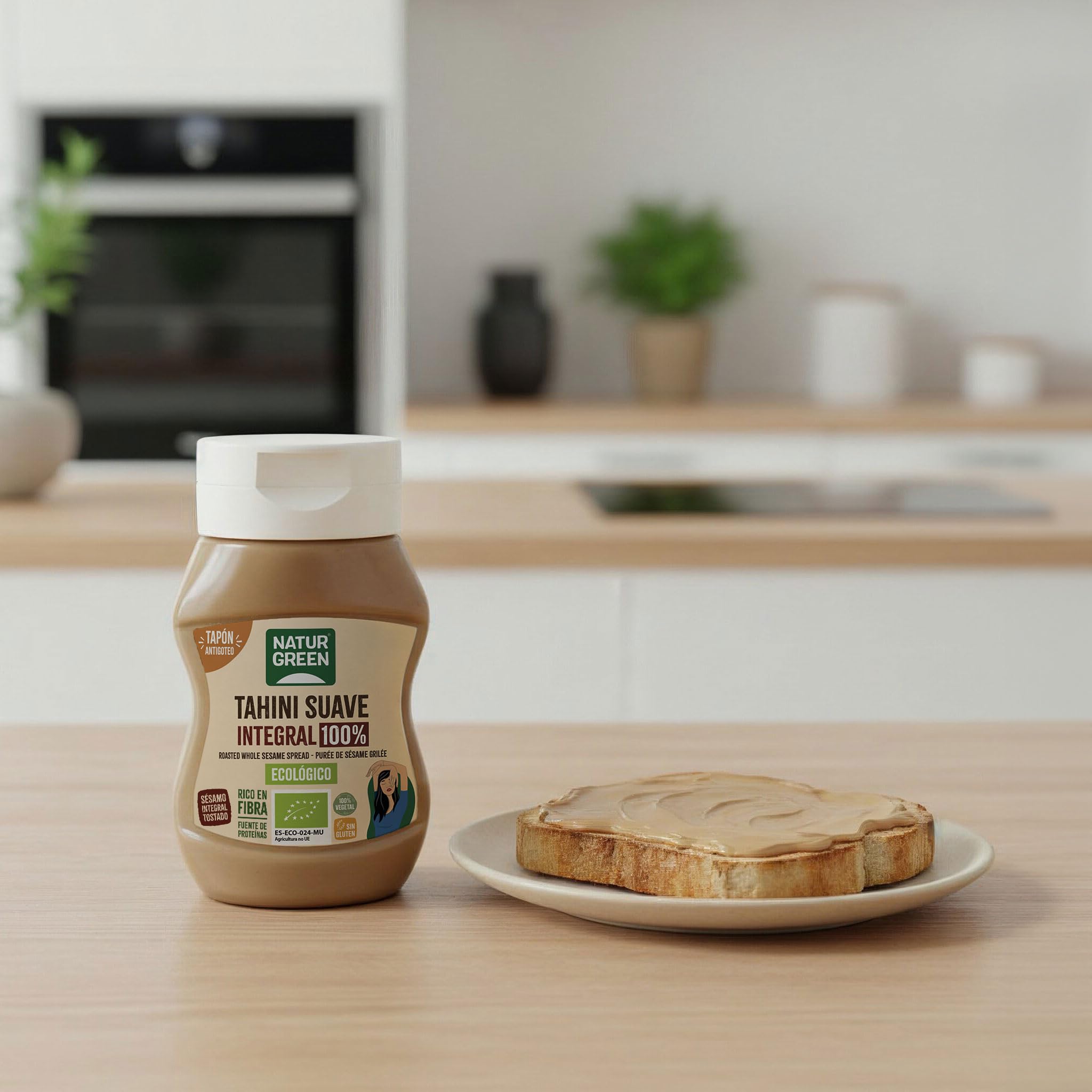 NaturGreen - Tahini Suave Integral Bio, 270 g, Tapón Antigoteo, Puré de Sésamo 100% Ecológico, Textura Cremosa, Rico en Fibra, Sin Gluten ni Azúcares, Fuente de Proteínas, Recetas Saludables