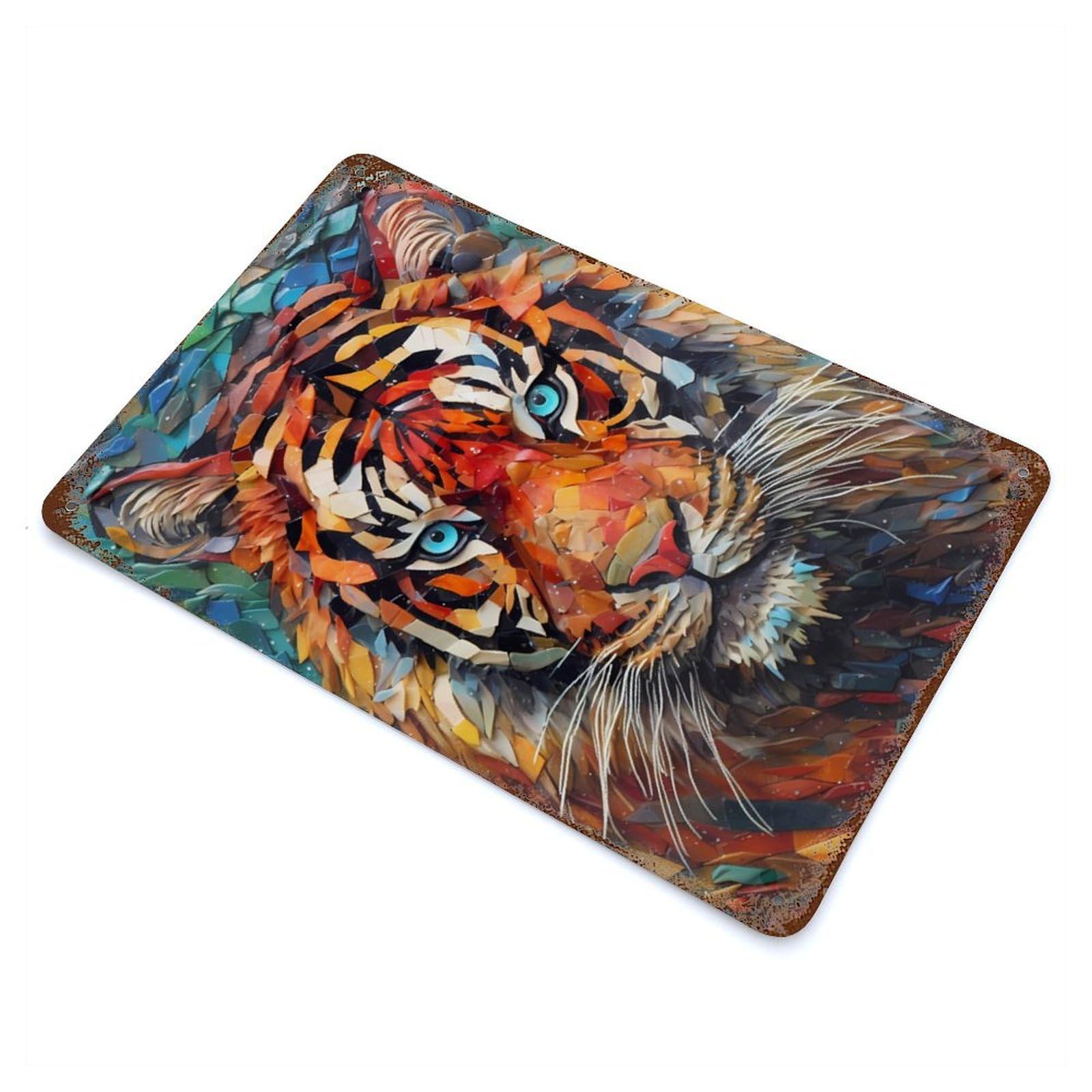 Garage Style Tiger Colorful Aged Metal Wall Plaque 11.8"x7.9", Farmhouse Wall Decor for Bar And Workshop