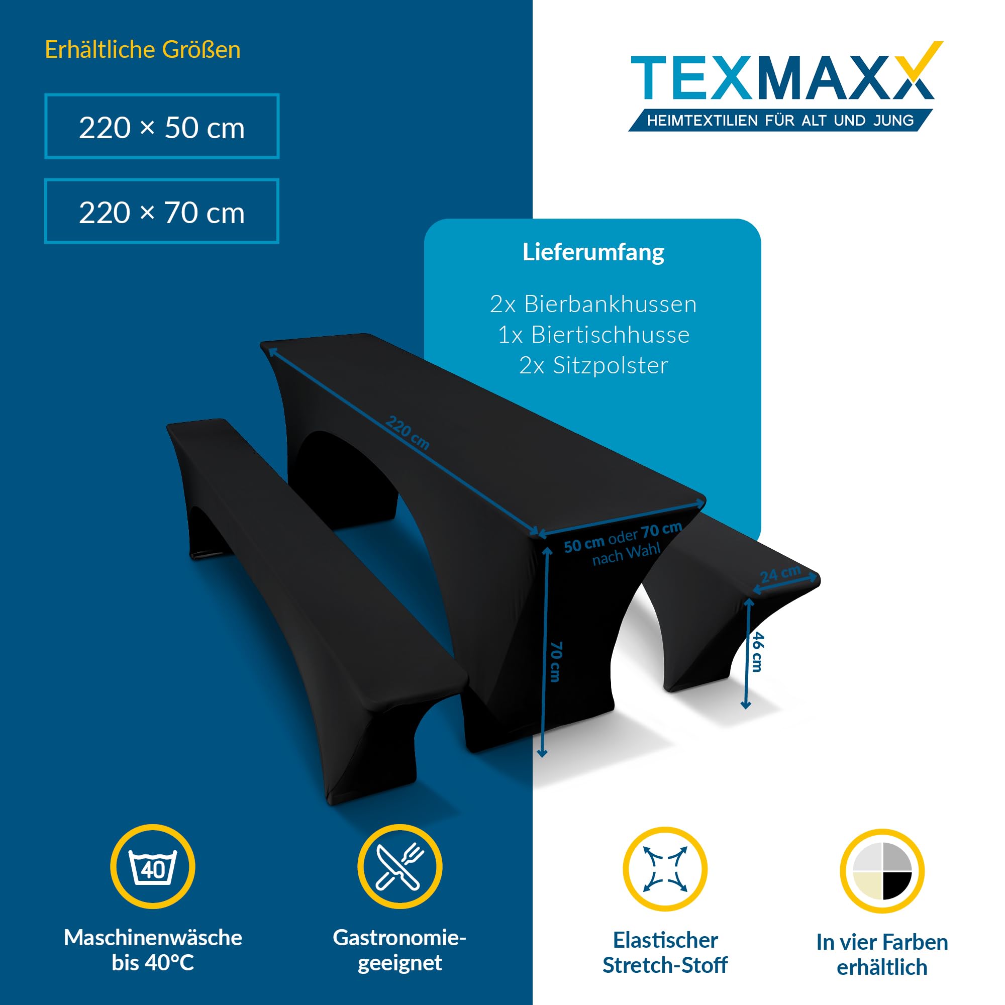 TEXMAXX® Stretch Hussen Bierzeltgarnitur 5-teiliges Set - 70 cm x 220 cm in schwarz / 2 Bierbank Hussen mit Bierbank Polster & Biertisch Husse/Tischdecke Biertisch & Bierbank Auflagen