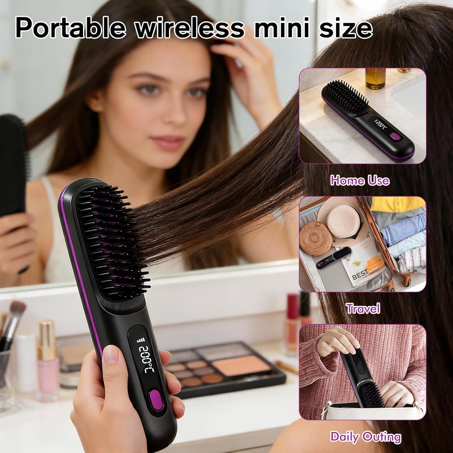 Brosse coiffante pour cheveux courts, brosse à cheveux électrique, brosse lissante sans fil avec affichage LED, 3 niveaux de température, portable, pour cheveux lisses et bouclés, idéale pour les