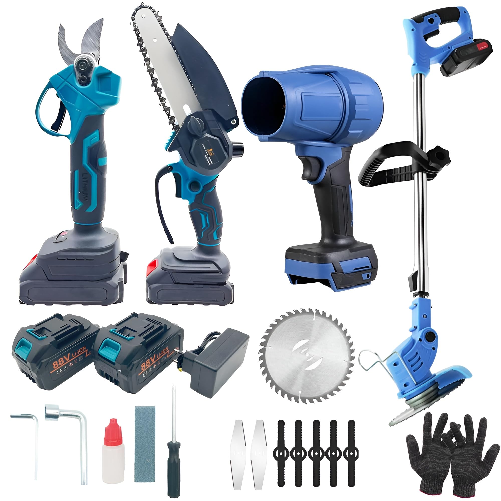 Kit de jardinería 4 en 1 a batería de 88 V con motosierra, alicates, soplador y desbrozadora, 2 baterías recargables, juego completo para poda y limpieza de jardín