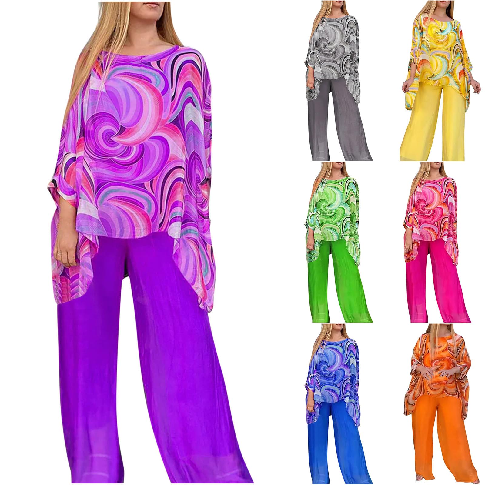 Womenβs Wedding Guest Pant Suit 2 Piece Set Tie Dye Printed Elegant Formal Chiffon Evening Party Outfit, Purple, Large