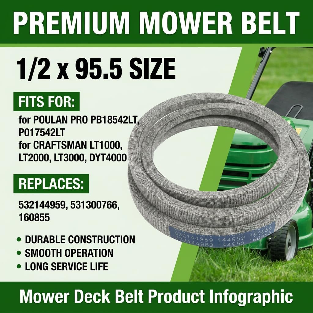 144959 Deck Belt for Husqvarna YTH180 42" Riding Mower, 1/2 x 95.5 Mower Belt Fits for Poulan Pro PB18542LT PO17542LT,for Craftsman LT1000 LT2000 LT3000 DYT4000 (Replaces 532144959 531300766 160855) view 2