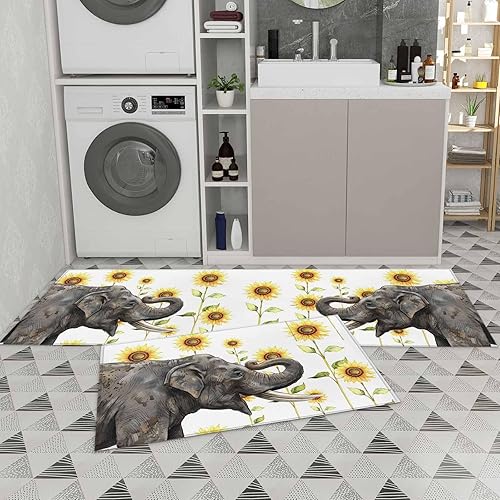 Miniatura 9 de SEVENBABU Kitchen Mat and Rug Set of 2 Non Slip Floor Mats Happy Elephant Sunflower Watercolor Background Absorbent Rug Set Sink Kitchen Mats