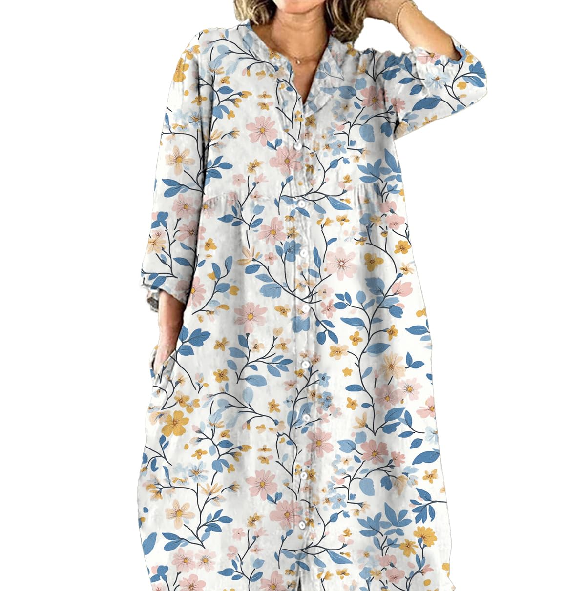 HOTYD Womens Boho Floral Midi Shirt Dress Plus Size 3/4 Sleeve Button V Neck Oversized Baggy Spring Dresses with Pockets