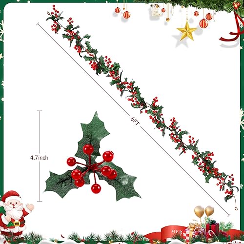 Miniatura 4 de Guirnalda de Navidad de 6 pies con bayas artificiales de bayas rojas para decoración navideña