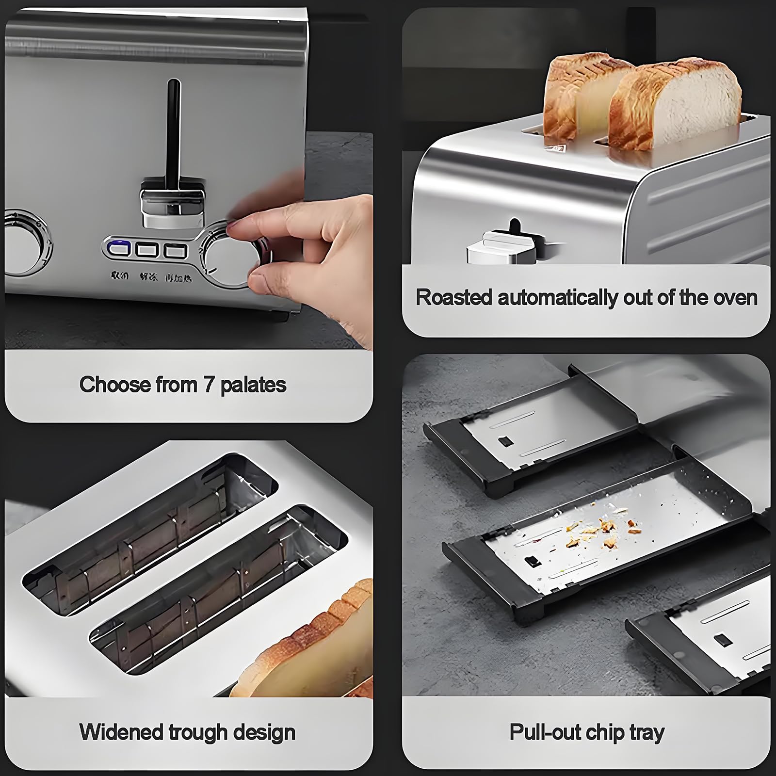 Grille-pain commercial à 2/4/6 tranches en acier inoxydable avec 7 niveaux de brunissement, fonction congelée/annulation/réchauffement, pop-up automatique et bac ramasse-miettes amovible pour la