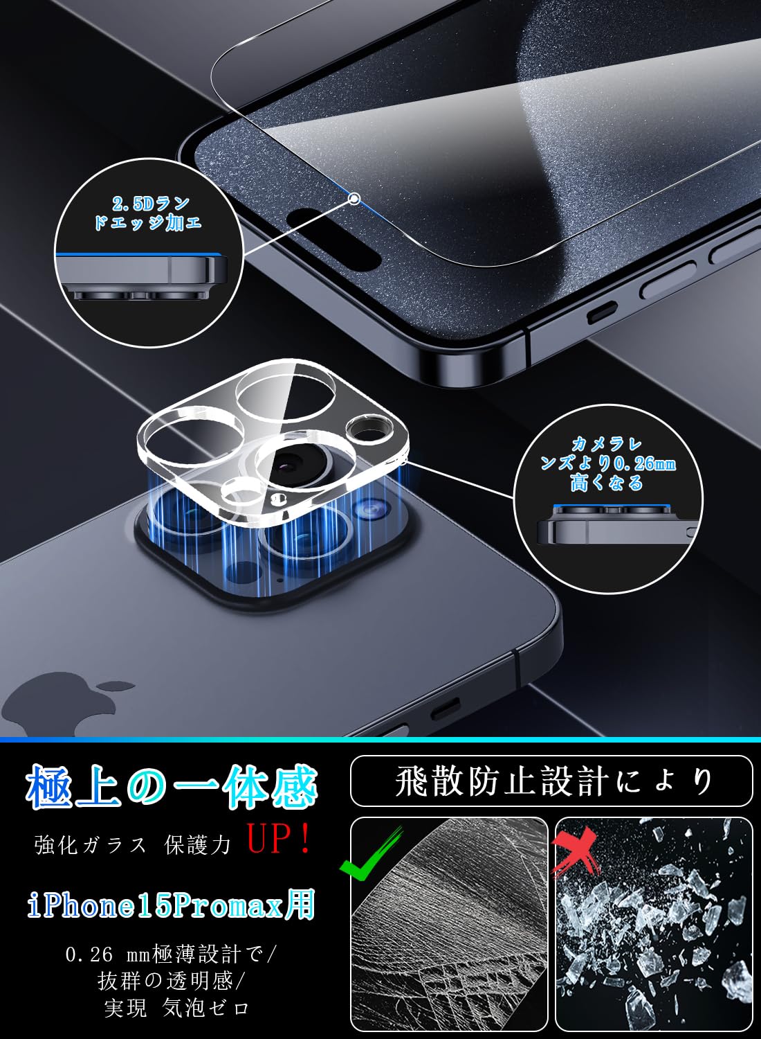 iPhone15Pro Max ガラスフィルム2枚+カメラフィルム1枚セット NIMASO iPhone 15/15 Pro Max用 ガラスフィルム (2枚) + カメラ