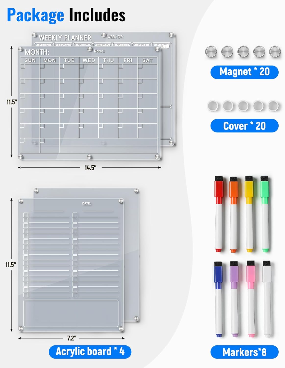 4 Pack Acrylic Magnetic Calendar for Refrigerator Set, Clear Monthly Weekly Daily Dry Erase Whiteboard for Fridge with 8 Color Markers, Meal Planner, Menu Board, Home Decor