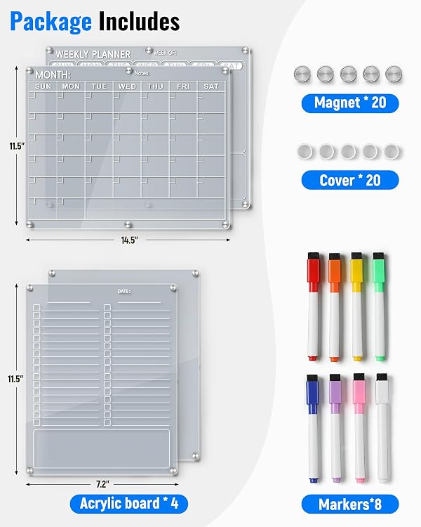 4 Pack Acrylic Magnetic Calendar for Refrigerator Set, Clear Monthly Weekly Daily Dry Erase Whiteboard for Fridge with 8 Color Markers, Meal Planner, Menu Board, Home Decor by LANDNEOO - Image 5