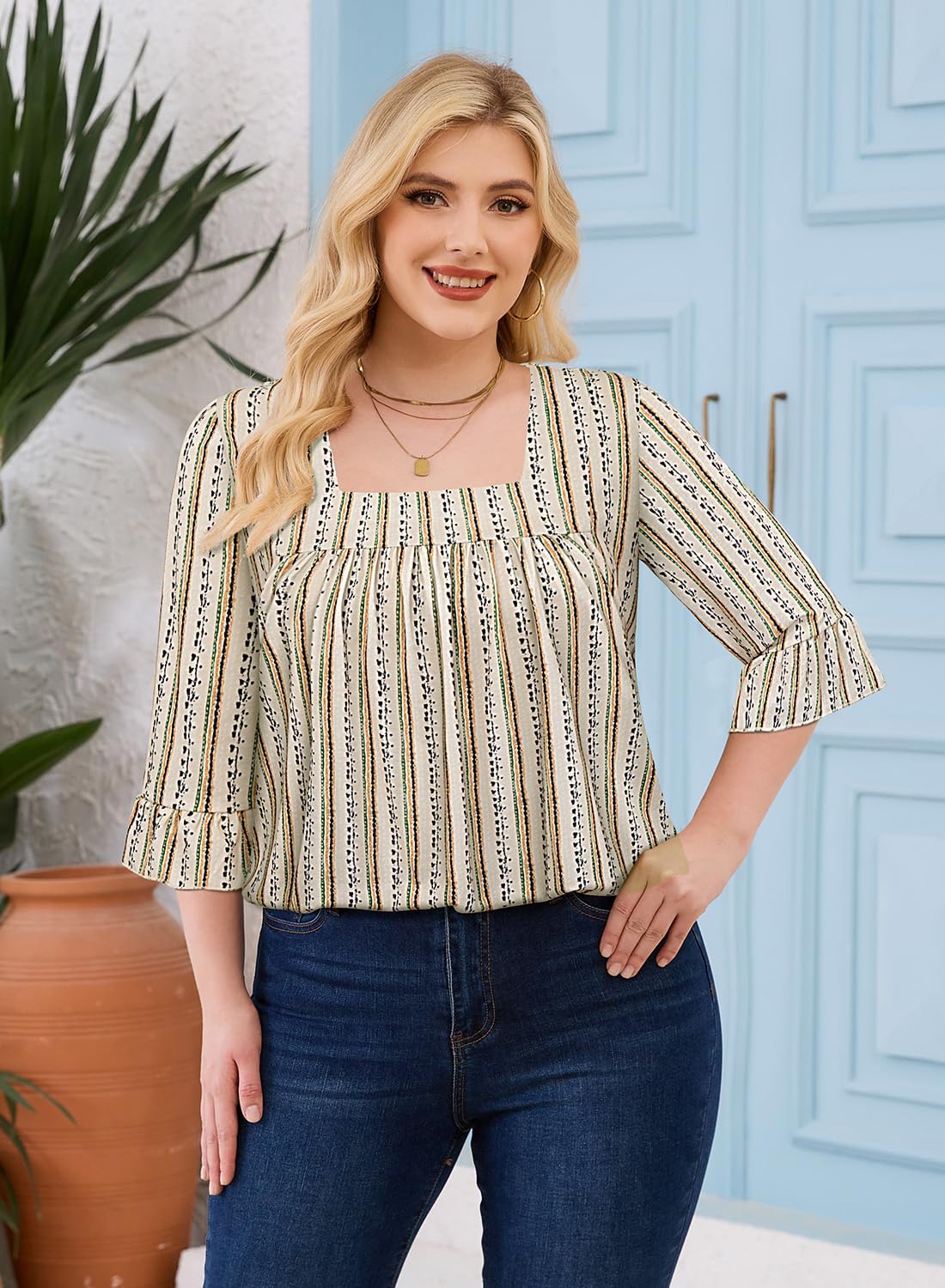 Amrto Plus Size Tops for Women Square Neck Tunic Blouses Summer Short Sleeve Casual Loose Fits Tunic Tops XL-5XL - Image 2