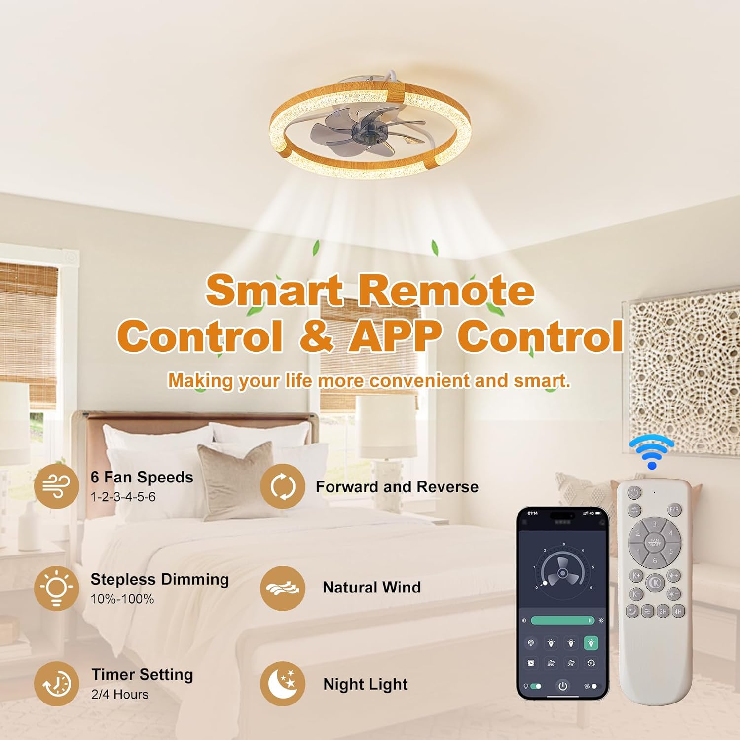 19.7 Inches Low Profile Ceiling Fan, Dimmable LED Ceiling Fans with Lights and Remote, Modern Flush Mount Wooden Fandelier Fans Light for Bedroom, Timing and 6 Wind Speeds