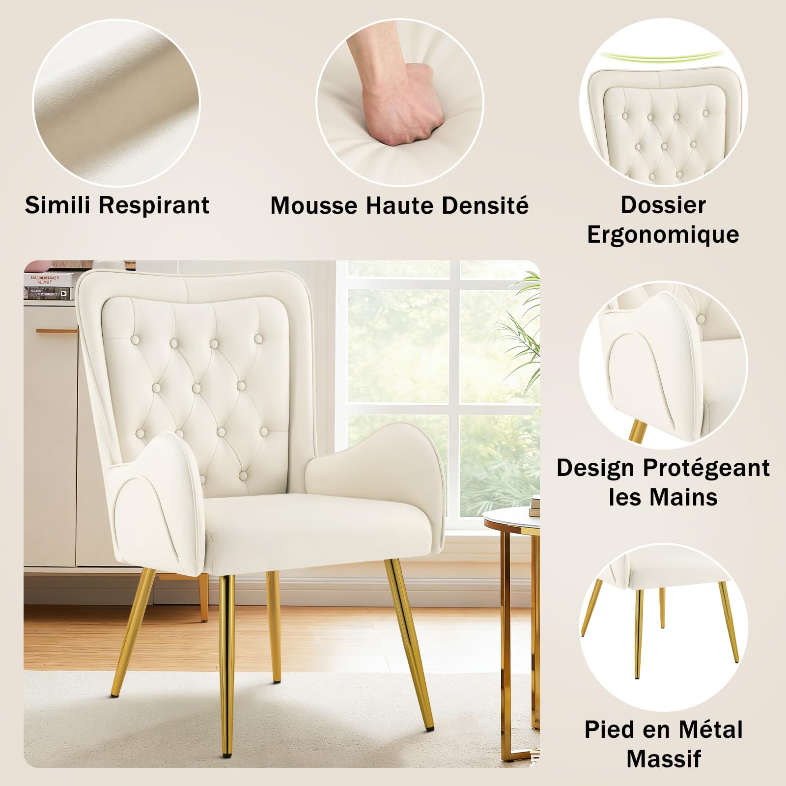Hellove Fauteuil Salon Double Dossier Design Scandinave Luxe - Chaise Lounge Confortable Cuir, Structure Bois Massif, Pieds Métal Doré, Accoudoirs Radius pour Salon, Chambre, Beige