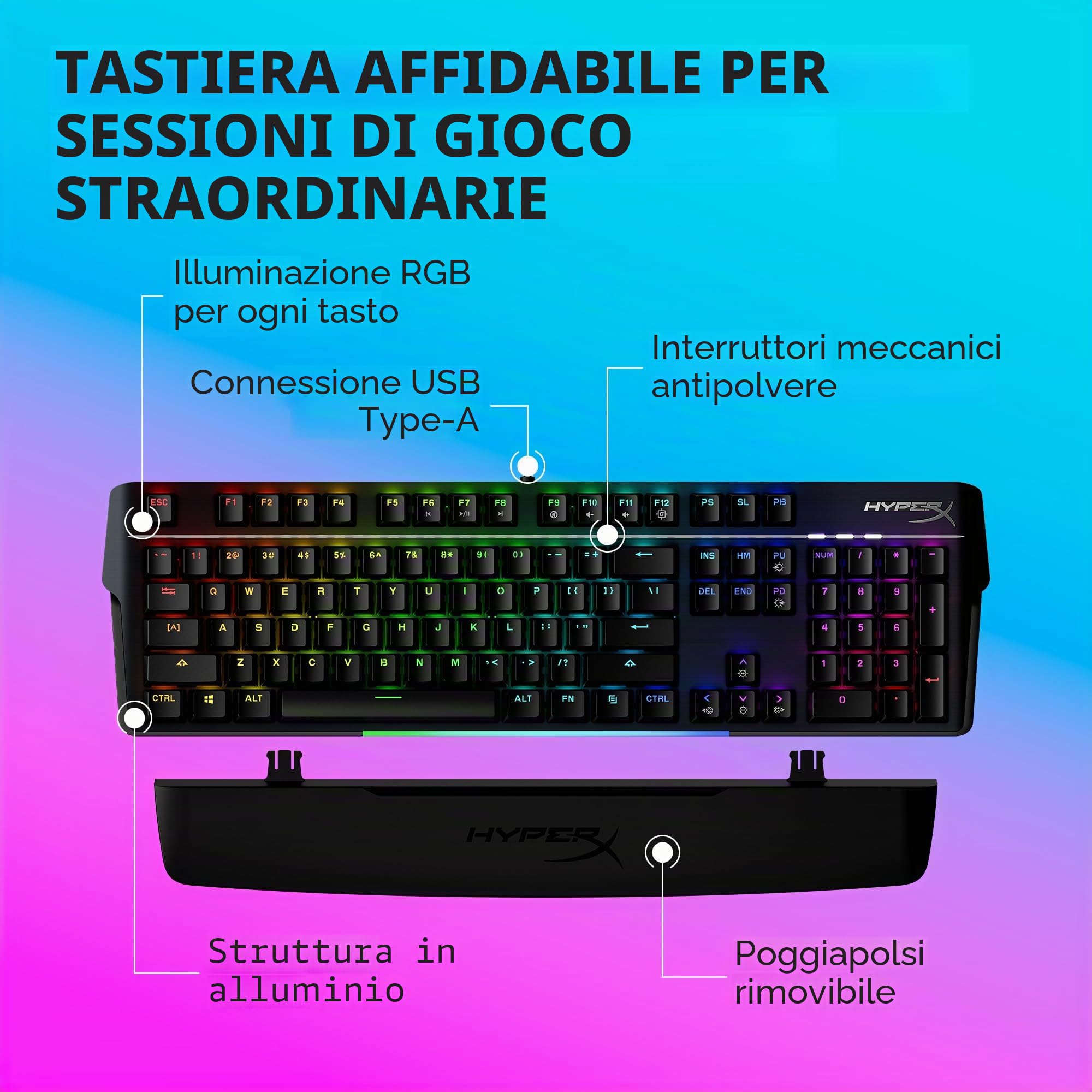 HyperX Alloy MKW100, Tastiera Meccanica da Gaming Cablata, Illuminazione RGB, 5 Livelli Luminosità, Telaio Alluminio, 50 Milioni di Pressioni Garantite, Poggiapolsi Scollegabile, Layout Inglese, Nera