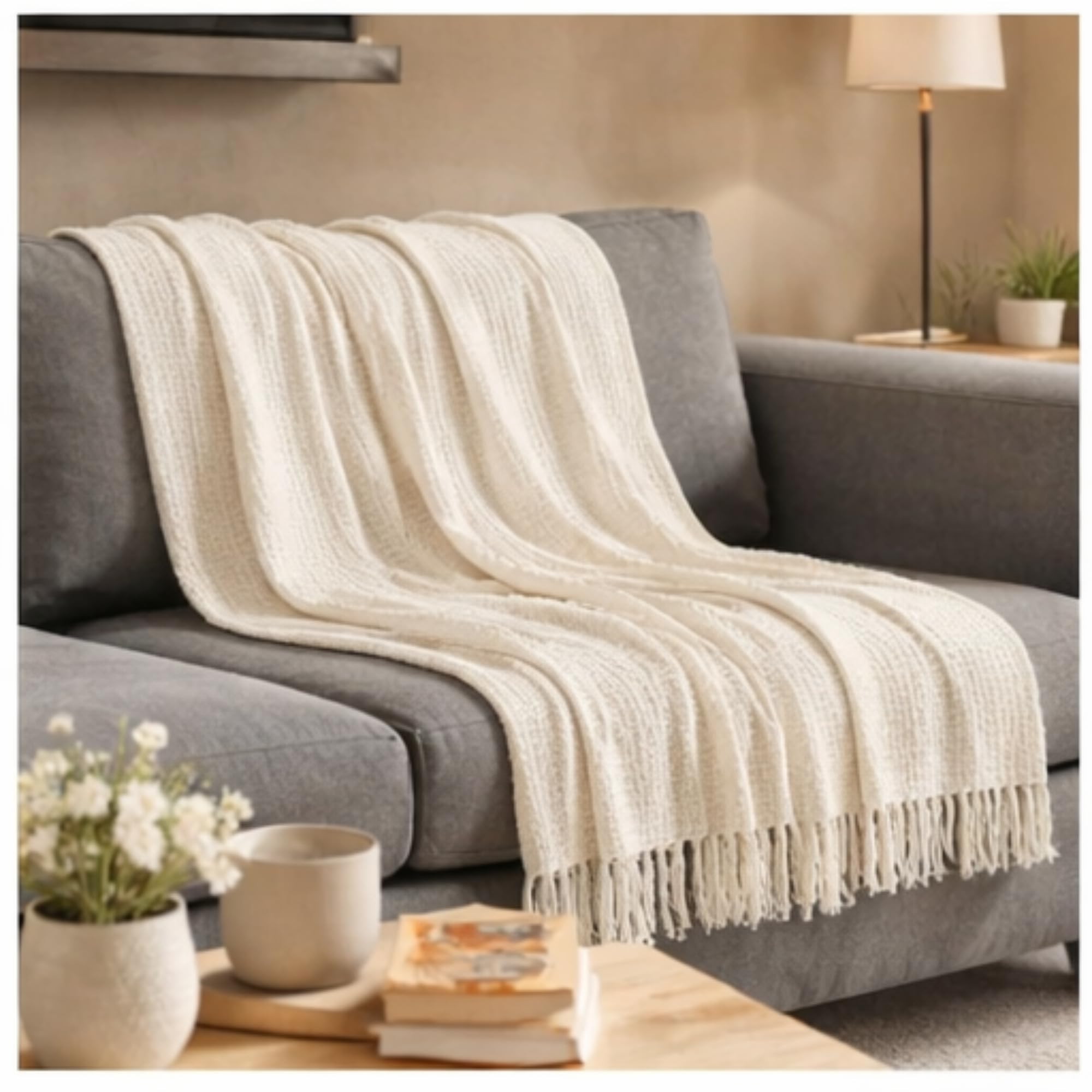 Tarantaran Soft Cozy Cream Color Throw Blanket for Couch with Fringe Tassels-image-30