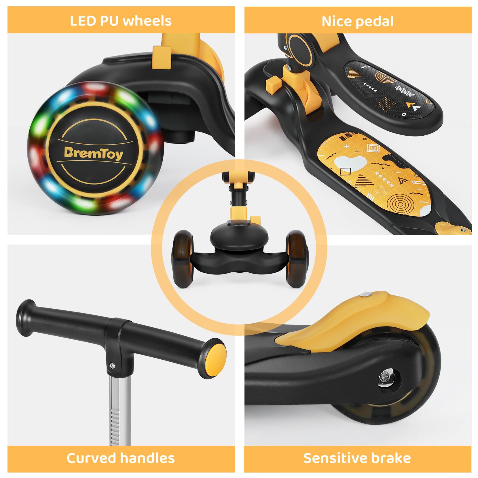 BremToy Monopattino Bambini con Sedile, Monopattino Pieghevole con 3 Ruote LED Luce, Altezza Regolabile per Bambini 2-8 Anni, Carico 50 kg