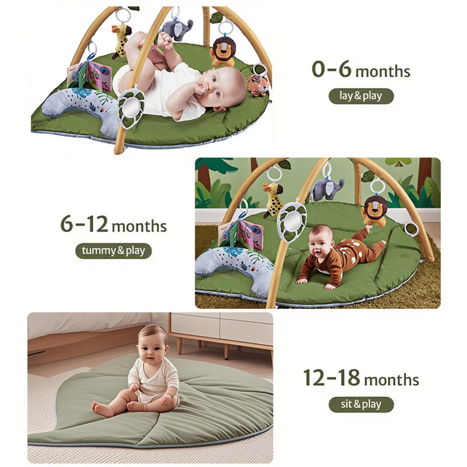 FOLODA Geräumige 142 x 90 cm große Krabbelmatte mit verstellbarem rundem und interaktivem Spielzeug, grüne Spielmatte für Babys