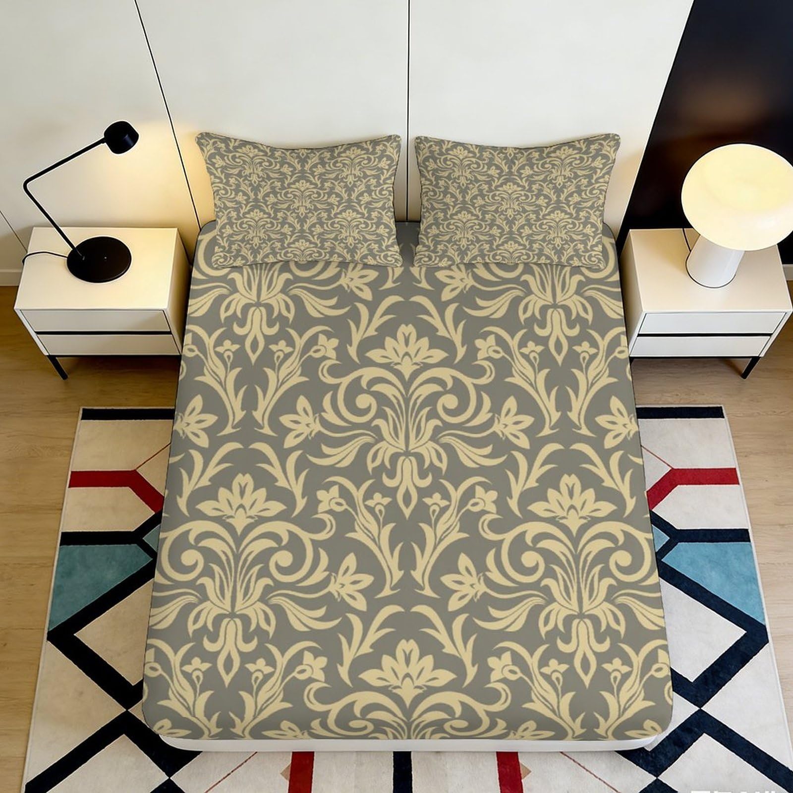 3D Printed Baroque Damask Fitted Sheet Microfiber Soft Decorative Vintage Floral Mattress Cover for Bedroom Dorm Apartment 90x200x25cm