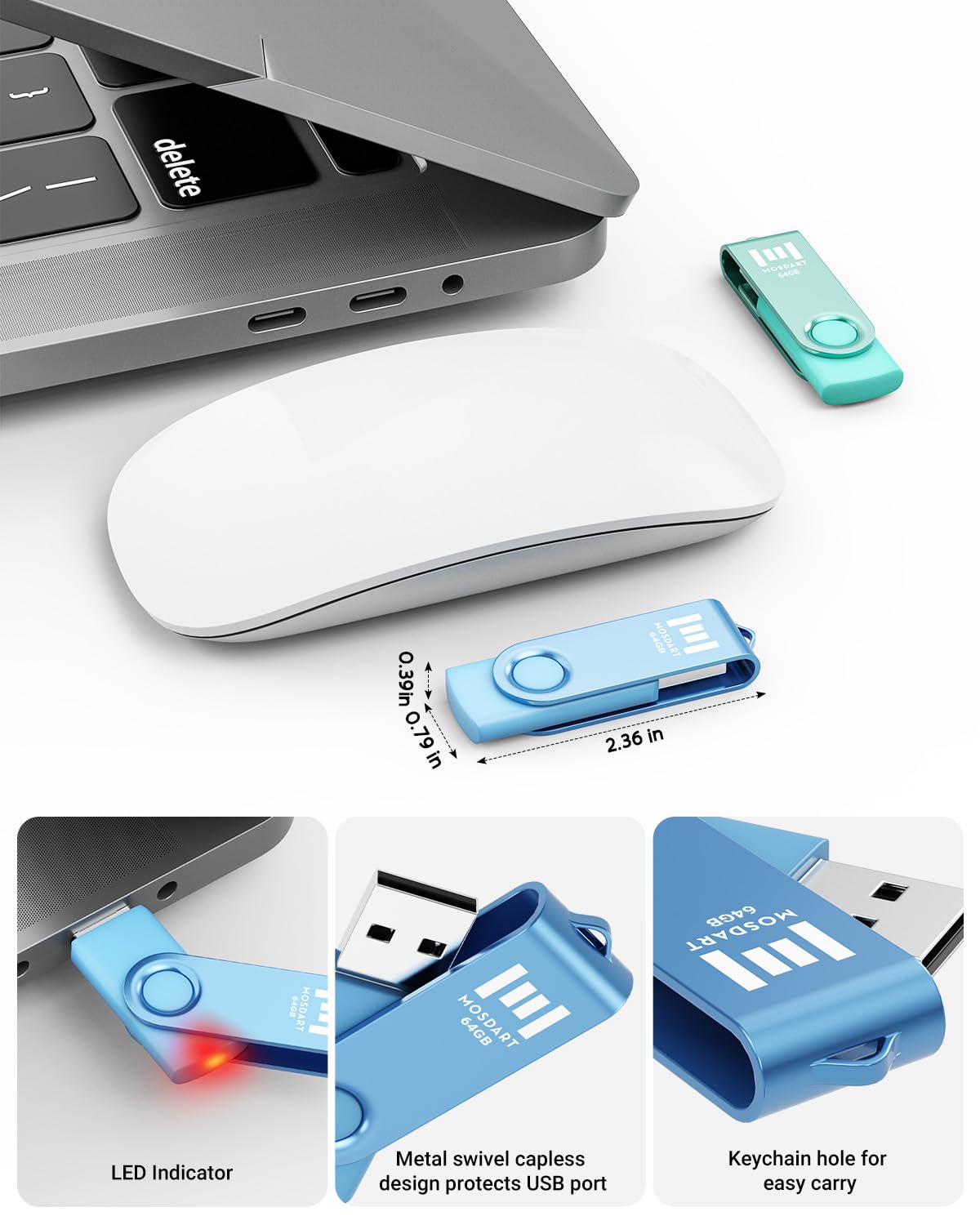 MOSDART Pamięć flash USB, 64 GB, 64 GB, dwupak, USB 2.0, obrotowa konstrukcja ze światłem LED, exFAT Jump Drive Memory Stick do komputerów, przechowywanie danych, 64 GB