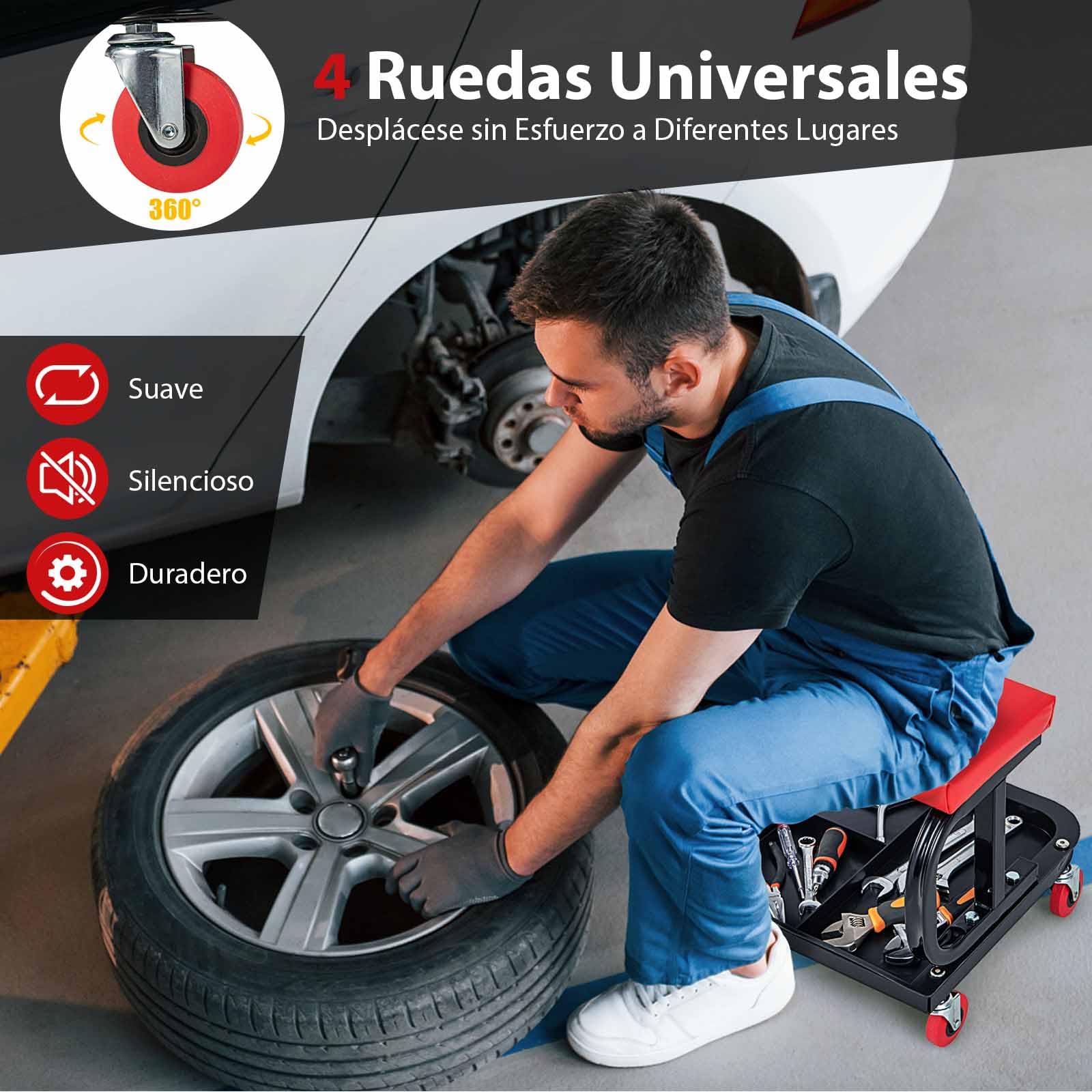 COSTWAY Asiento Rodante, Taburete para Garaje y Taller, Asiento para Mecánicos Acolchado con Bandeja para Herramientas, Asiento Rodante con 4 Ruedas Universales, Capacidad de Carga de 150 kg