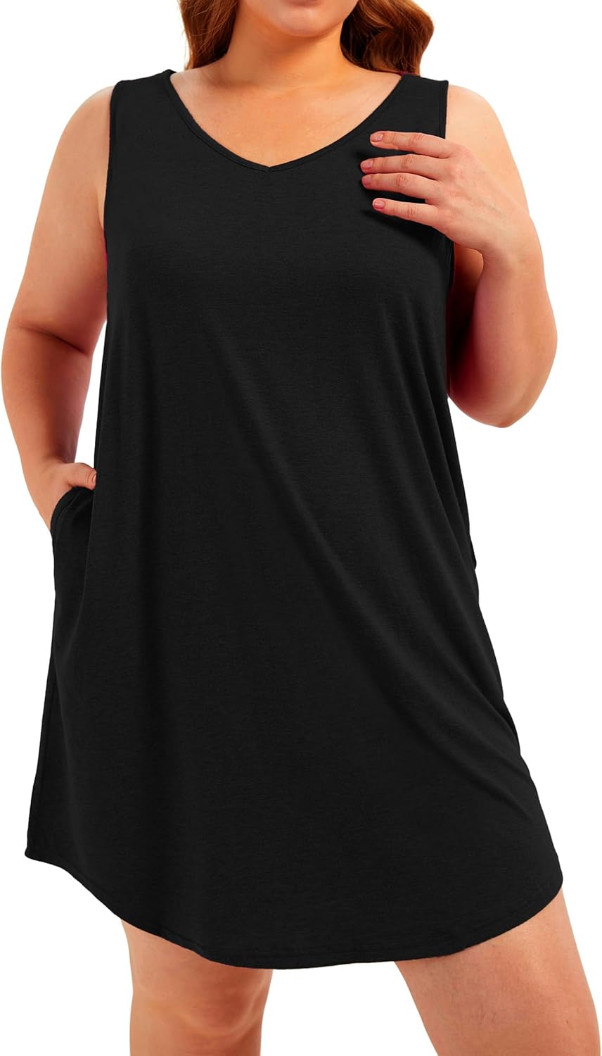 Plus Size V Neck Tank Nightgowns Women Sleepwear Sleeveless Night Gown Dresses Sleep Shirts with Pockets - Image 3