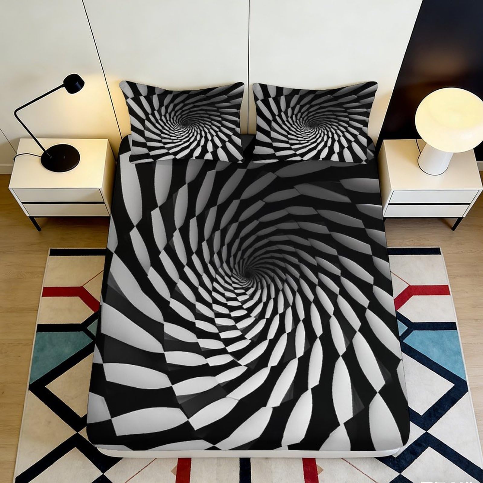3D Printed Optical Illusion Spiral Fitted Sheet Microfiber Black White Geometric Bed Cover Bedroom Dorm Mattress Decor 120x200x25cm