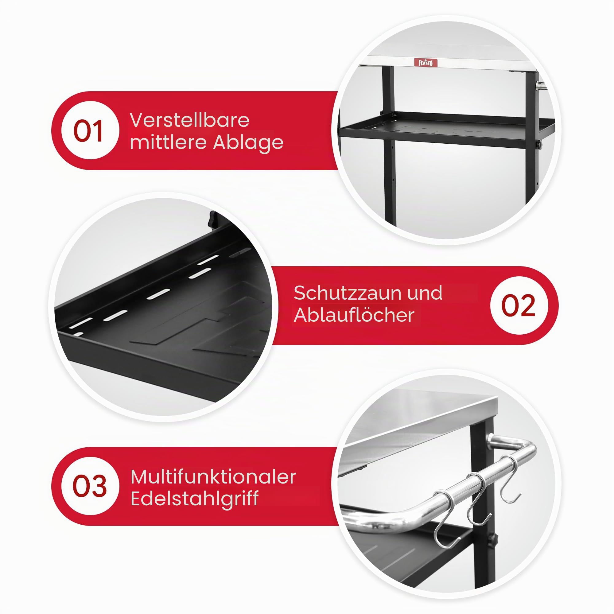 Feasto Rollender 3-stöckiger Verstellbarer Pizza-Ofen-Tisch und Lebensmittelzubereitung, für Zuhause und Außenbereich, multifunktional, funktioniert auf Vier Rädern, L 86xB 40xH 84 cm