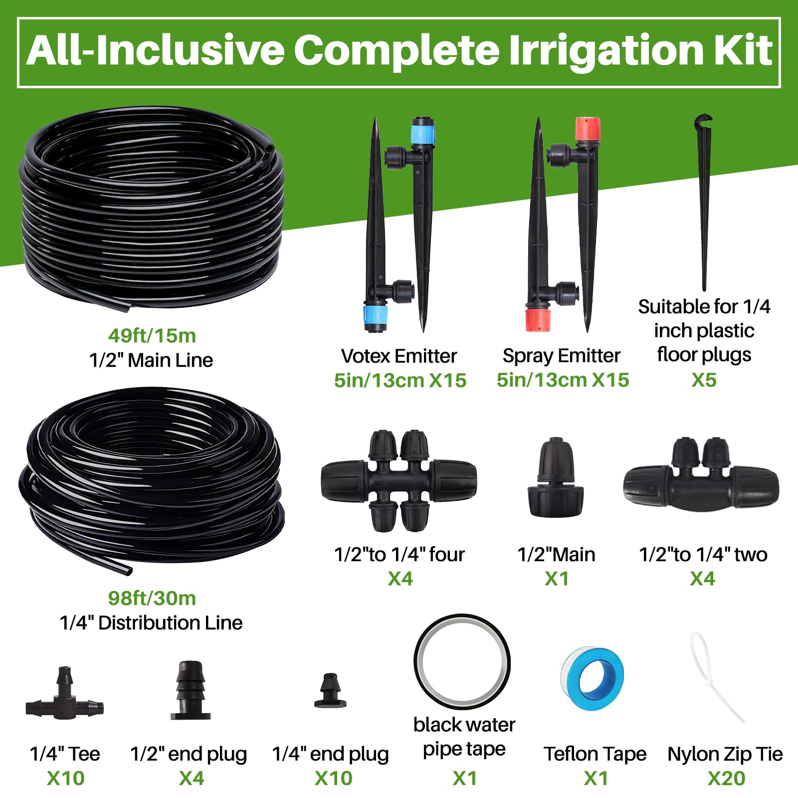 Kit per sistema di irrigazione a goccia, kit di irrigazione automatica da giardino con tubo da 29,9 m 1/4 '' e 14,9 m 1/2", sistema di irrigazione e nebulizzazione a collegamento rapido, accessori per