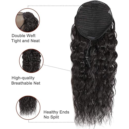 Miniatura 6 de Extensiones de cola de caballo de cabello humano ondulado con clip, extensiones de cola de caballo de maíz 10A, cabello humano con cordón negro 10A,