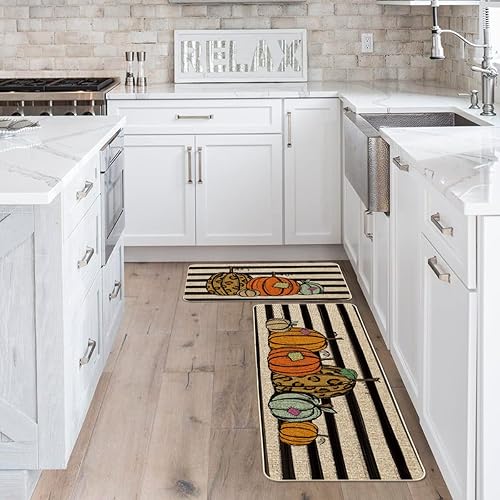 Miniatura 3 de Artoid Mode Juego de 2 tapetes decorativos de cocina con diseño de calabaza a rayas de acuarela, para el hogar, temporada, otoño, cosecha, Acción de