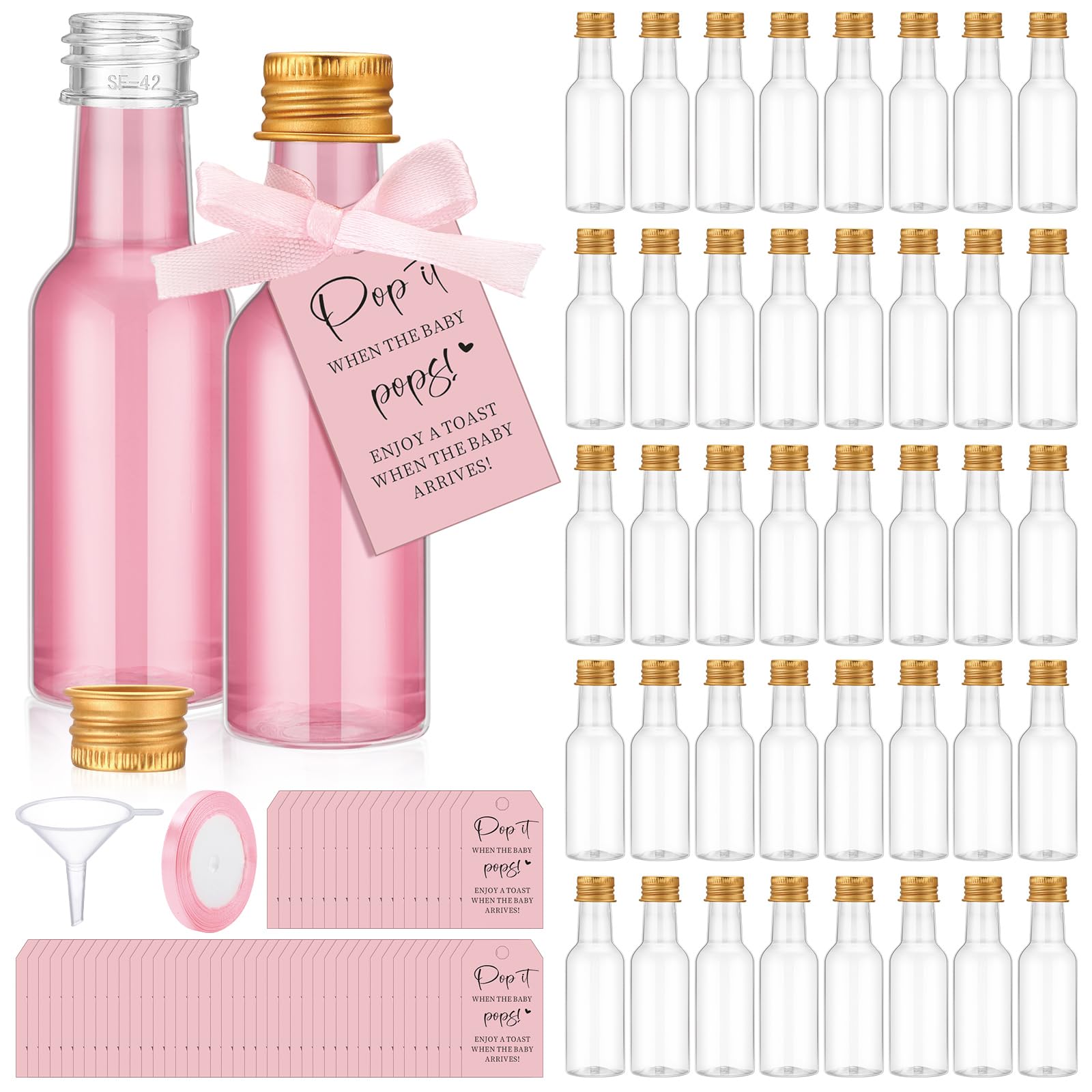 Roshtia 50 Pack Baby Shower Favors for Guests When She Pops, 1.7oz Empty Mini Liquor Bottles with Gold Screw Caps Funnels Tags Ribbon for Shots Baby