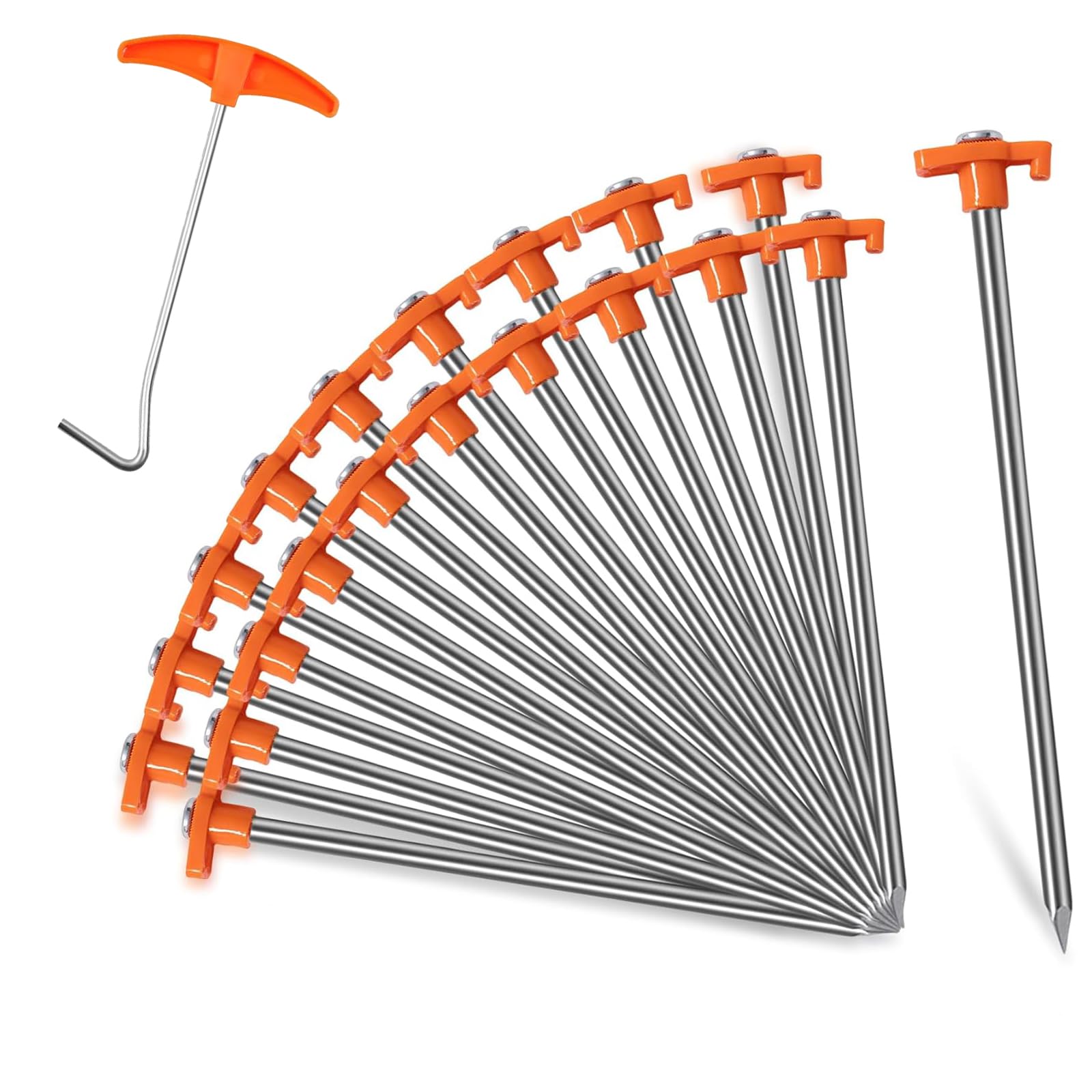 Quixotical 20 Pack Heavy Duty Metal Ground Pegs for Hard Ground, Galvanized Rock Stakes with Puller Tool, Strong Ground Anchors for Camping, Awnings, Tarps, Canopies