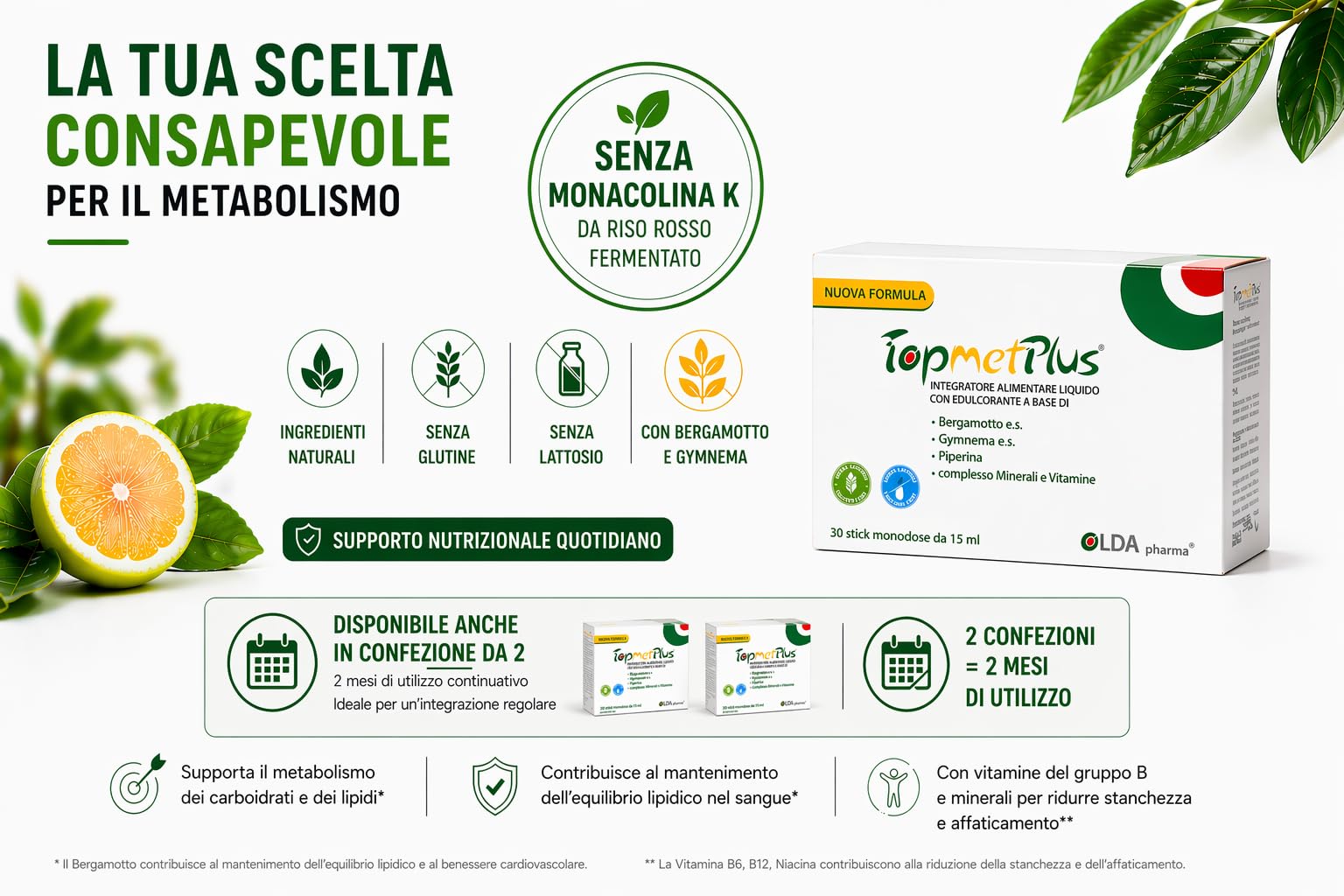 TopmetPlus - Equilibrio metabolico, benessere Cardiovascolare - Kit 2 conf. | Con 1000 mg di Bergamotto e.s./dose, complesso di Minerali e Vitamine B per favorire il naturale equilibrio dell'organismo.