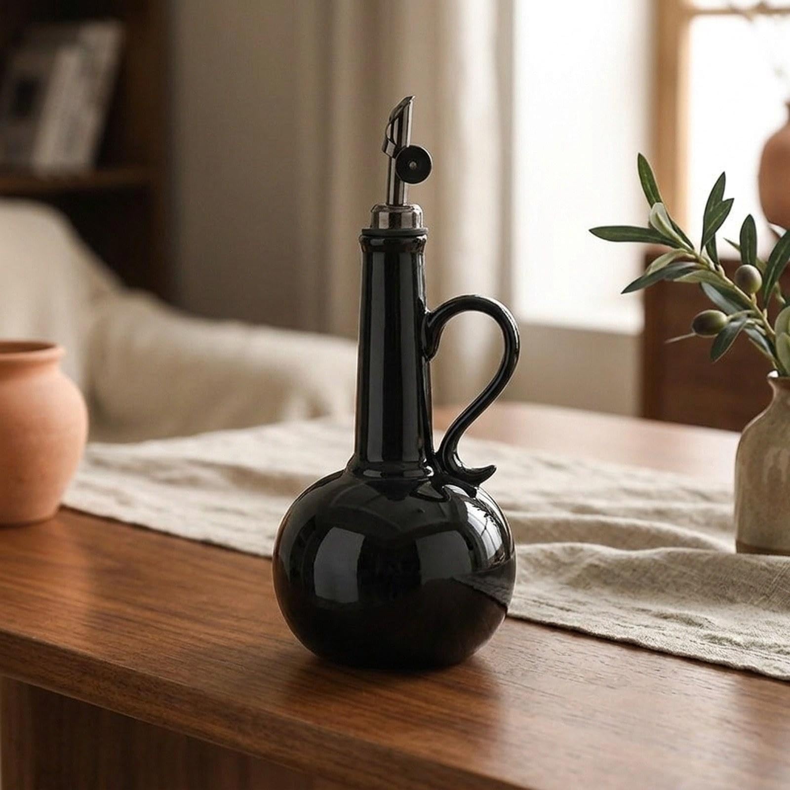 Dispensador de Vinagre, Botella Dispensadora de Aceite, Recipiente de Cerámica para Aceite Y Vinagre, Aceitera de Oliva, de Acero Inoxidable, Negro, Individual