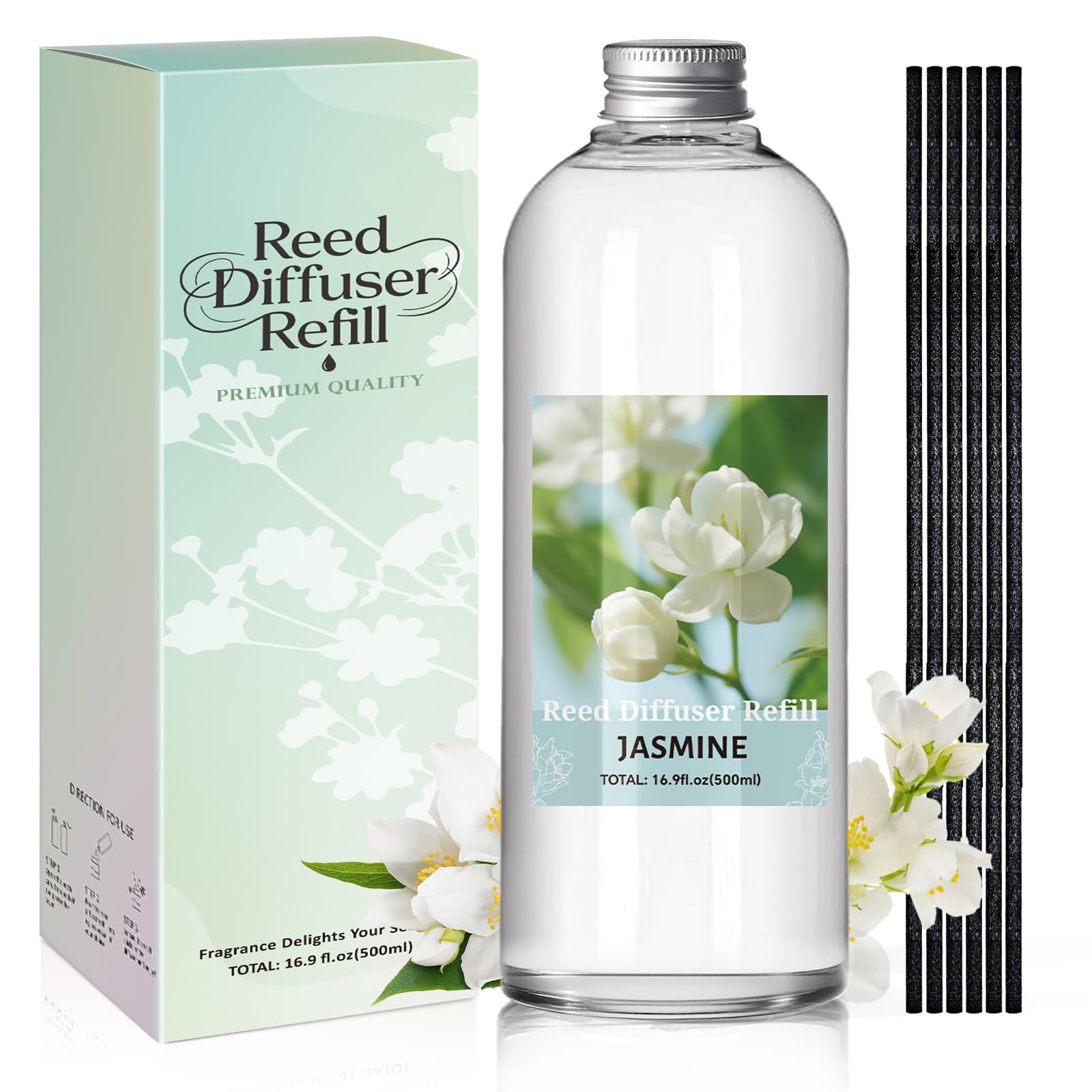 Scent-Hi Reed Diffuser Refill 500ml - Jasmine Scented Reed Diffuser Oil Refill with 6 Reeds, Natural Essential Home Fragrance for Bedroom, Bathroom, Living Room, Office & Gift