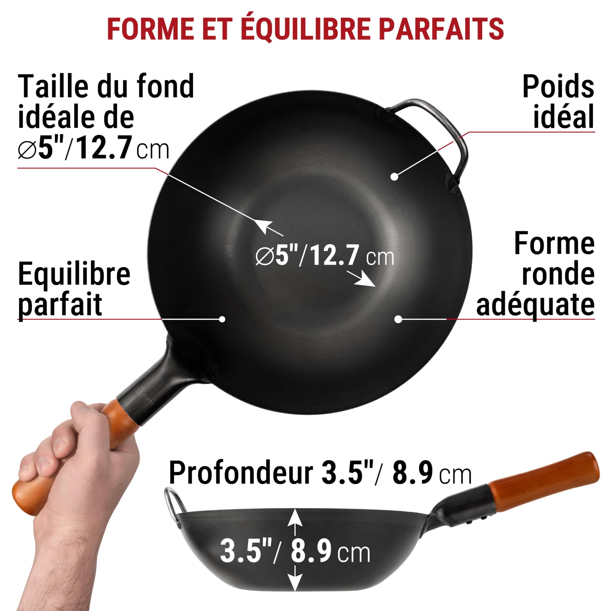 YOSUKATA Woks Et Poêles à Frire 30 cm à Fond Plat Pré-assaisonné Chinois Traditionnel - Wok Acier Carbone Noir Pour Induction, Plaques Électriques, Gaz, Feu Ouvert - Pour Sauté, Barbecue et Camping
