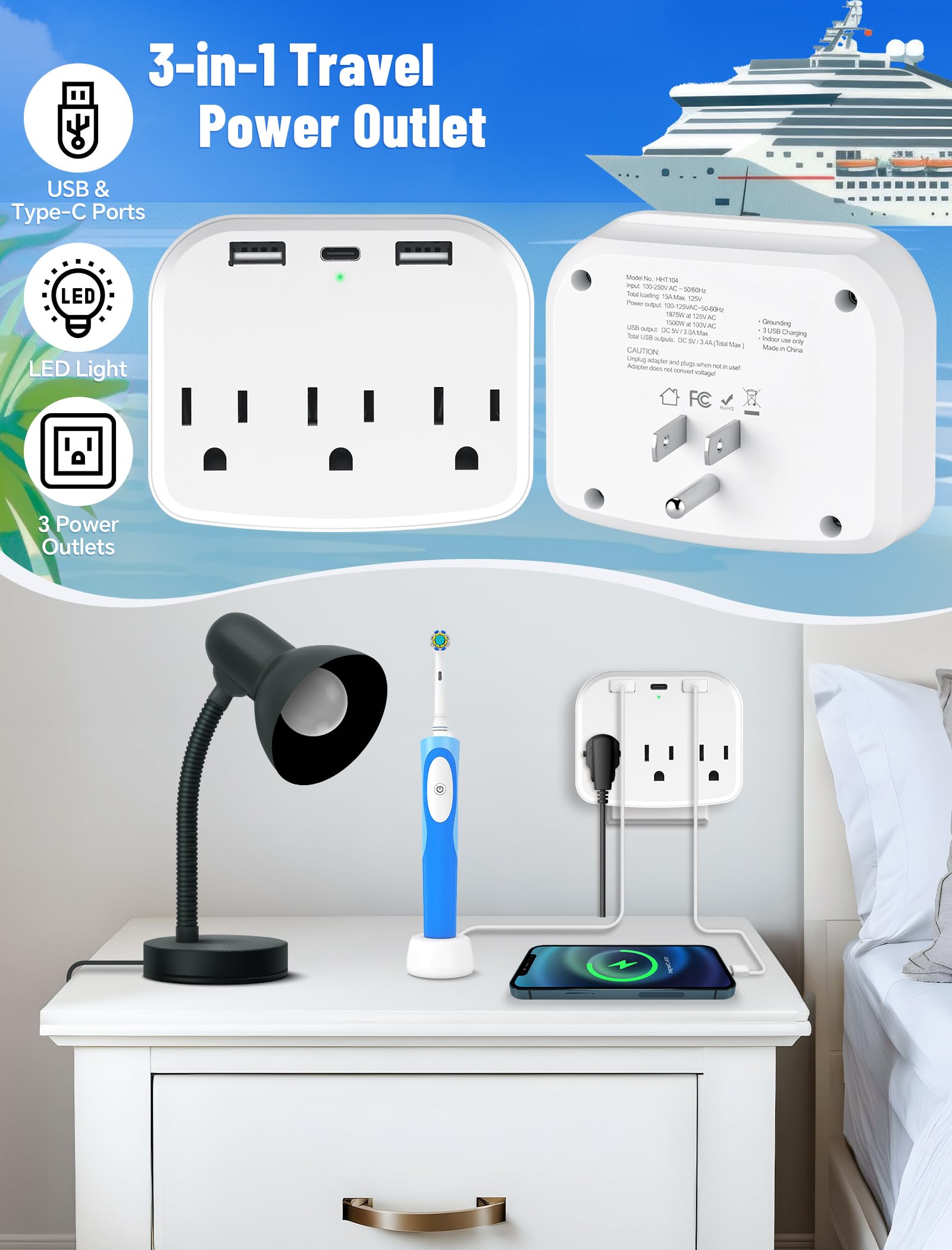 NiHome Kit essenziale per viaggi da crociera da 19 pezzi: presa multipla, borse impermeabili per telefono, porta etichette per bagagli, ganci magnetici, cordini per carte da crociera, fasce per