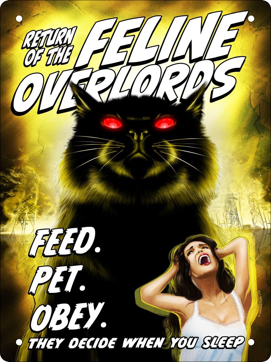 Grindstore Dark Gray/Silver Horror Cats Vintage Feline Overlords Mini Tin Sign Metal 15X20cm