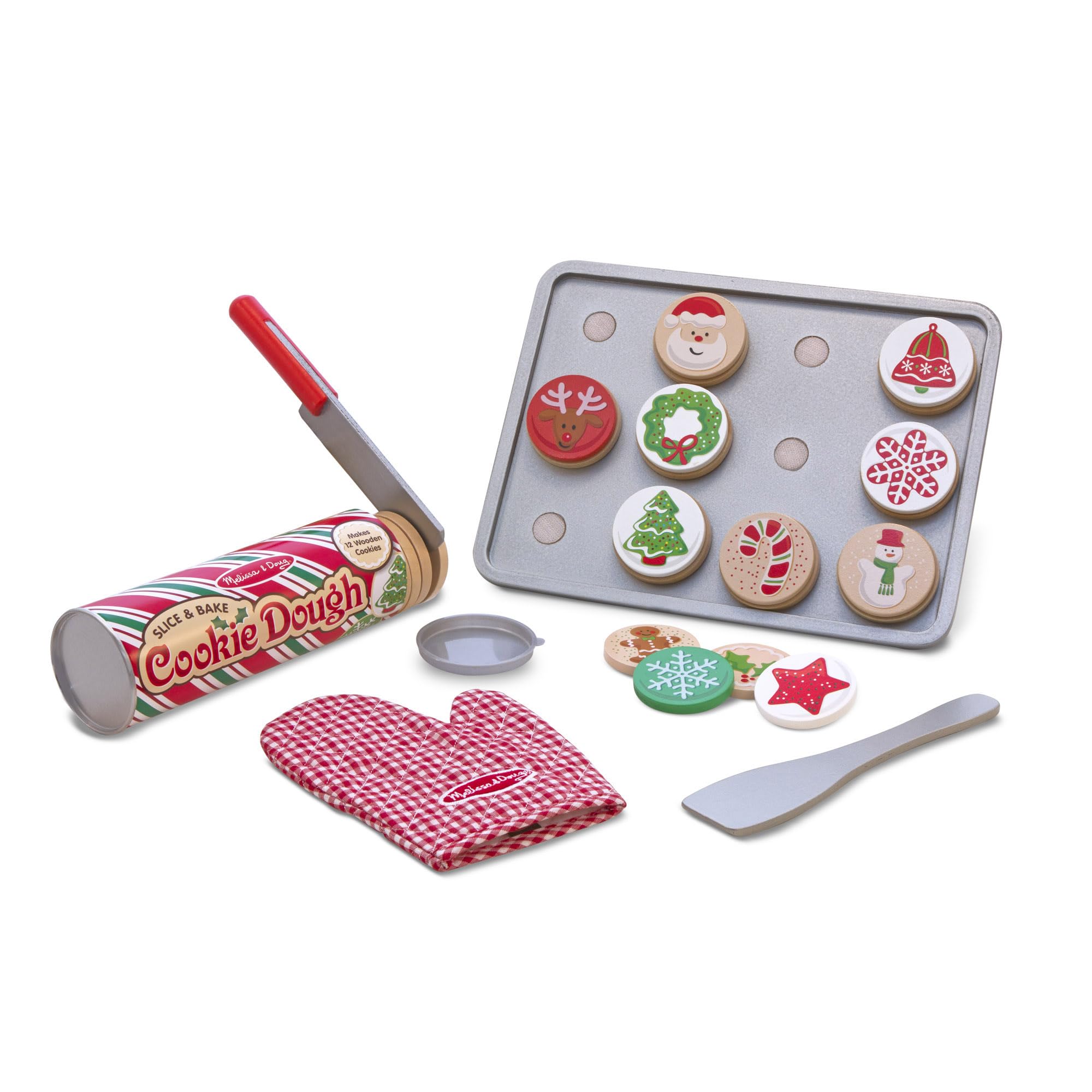 Slice and Bake Wooden Christmas Cookie Play Food Set | 28 Pieces, 12 Wooden Cookies, 12 Toppings, Cookie Sheet, Oven Mitt, Pretend Play Baking Set, Preschool Toys for Kids, Ages 3+