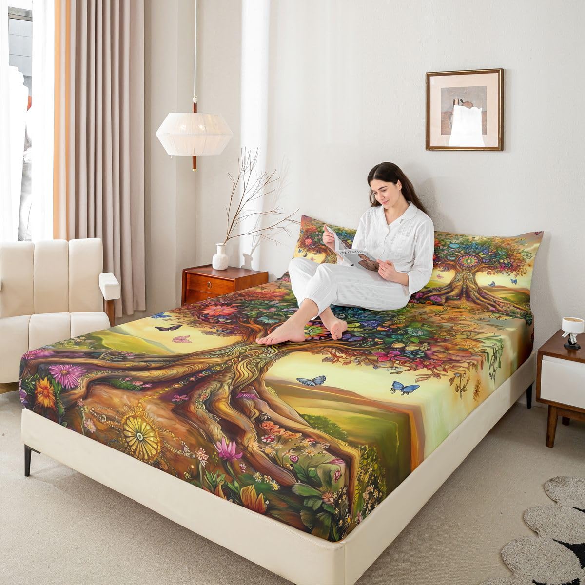Homewish Kolorowe drzewo wzór podwójne płaskie prześcieradło z gumką boho natura botaniczny styl prześcieradła głęboka kieszeń 16 cali (40 cm), kwiatowy zestaw pościeli botanicznych zachód słońca
