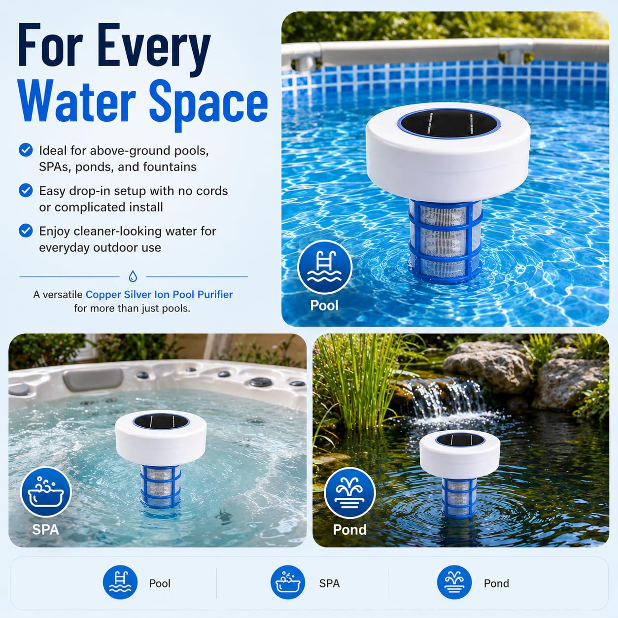 Pulitore solare ionizzatore per piscine, purificatore d'acqua agli ioni di rame e argento, con 2 set di accessori, senza cloro, per piscine fuori terra, spa e vasche idromassaggio